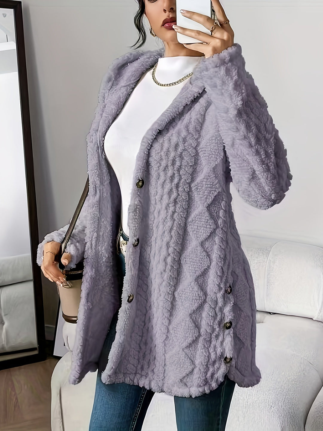 Paula - Plush Diamond-Patterned Hooded Cardigan
