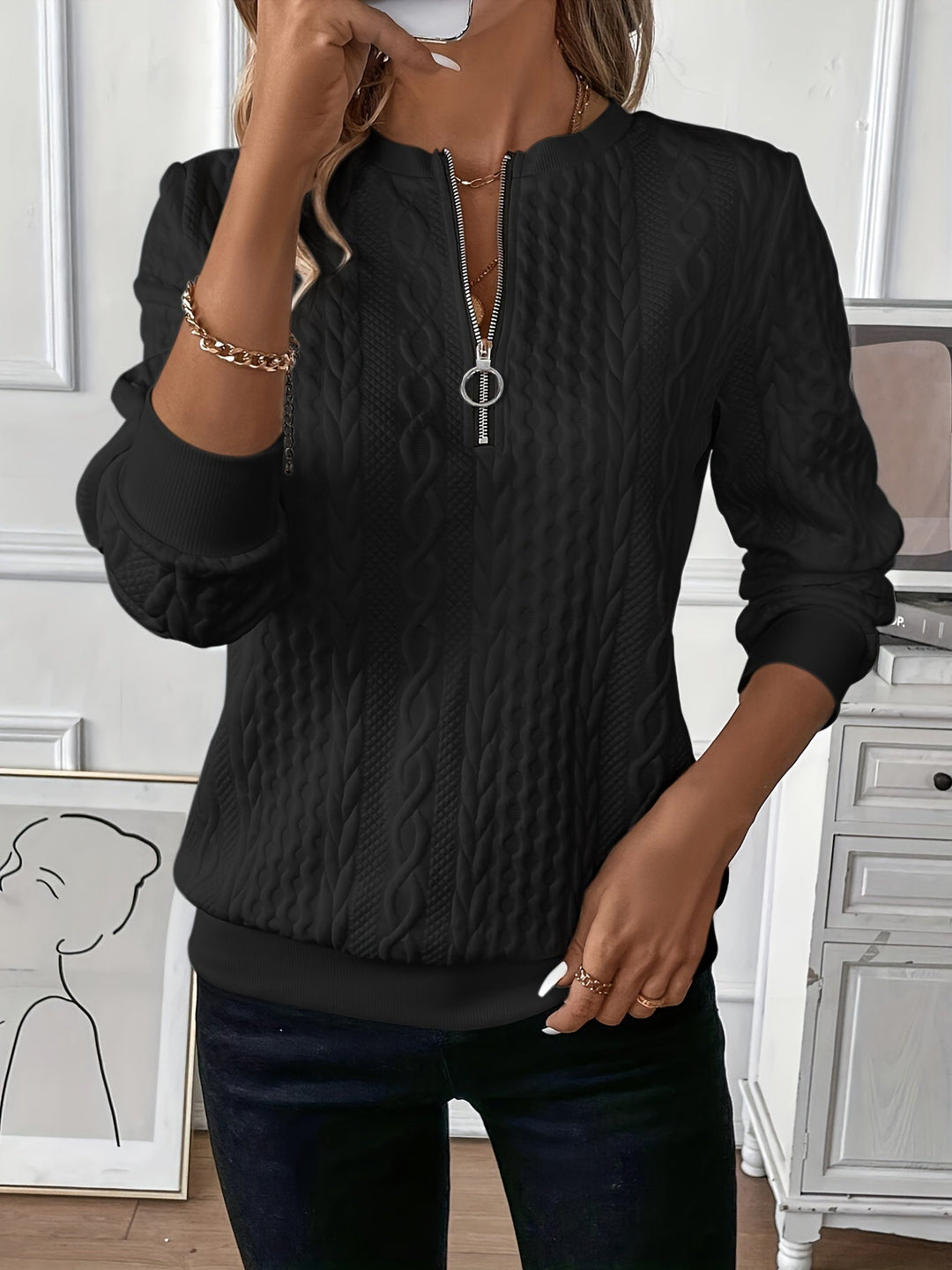 Elysha - Textured Quarter-Zip Pullover