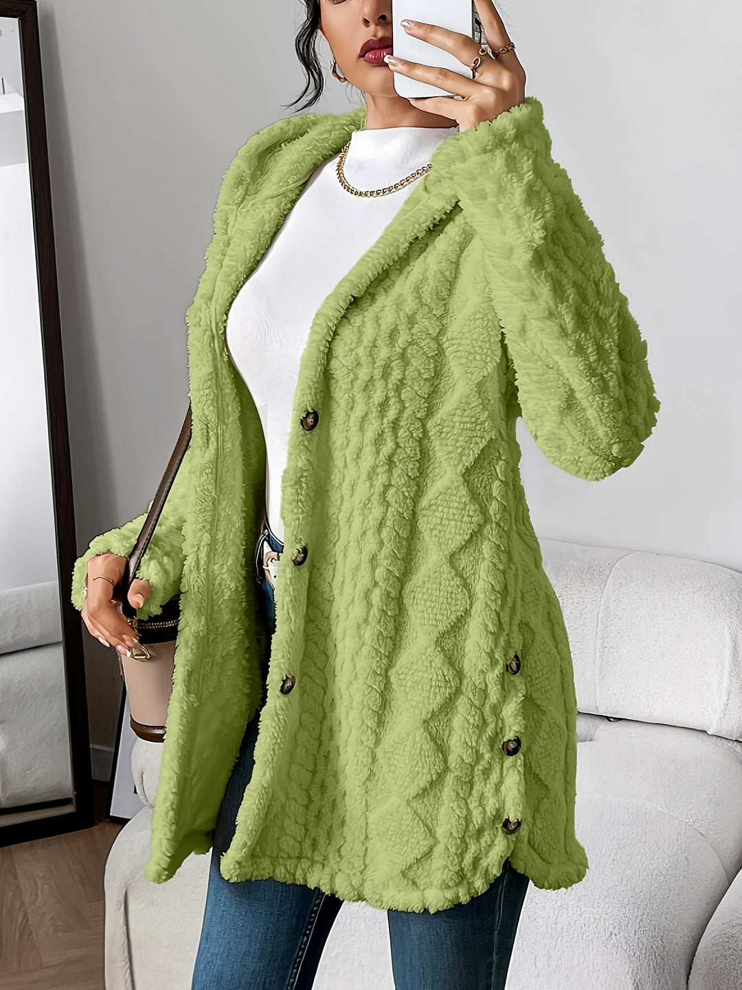 Paula - Plush Diamond-Patterned Hooded Cardigan