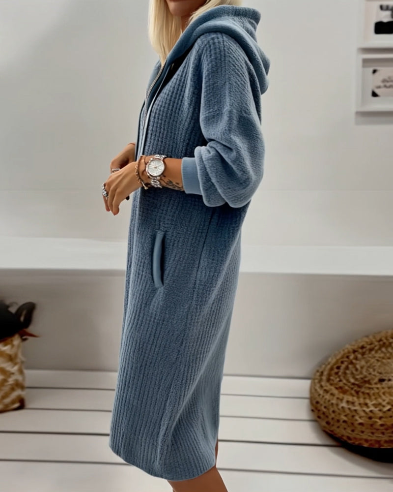 Frannie -Casual Hooded Honeycomb Knit Fleece Dress