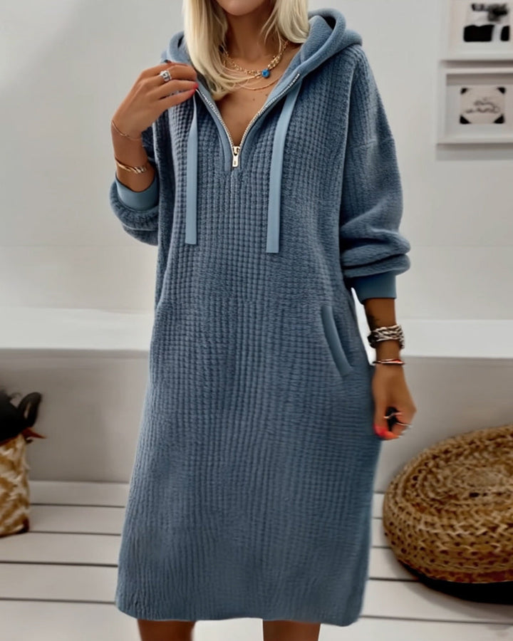 Frannie -Casual Hooded Honeycomb Knit Fleece Dress