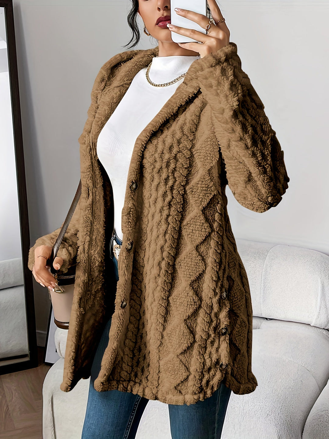 Paula - Plush Diamond-Patterned Hooded Cardigan