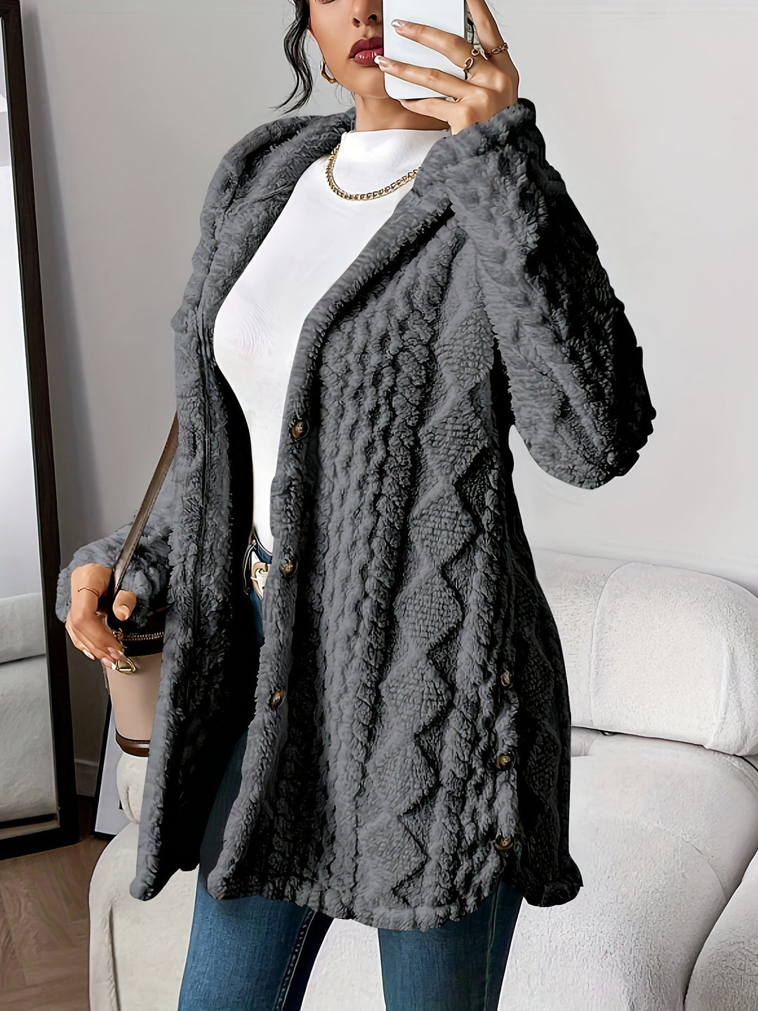 Paula - Plush Diamond-Patterned Hooded Cardigan